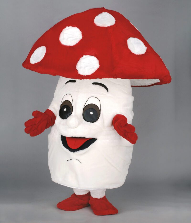 Notre mascotte “Champignon Rouge” attire tous les regards avec son chapeau vif à pois blancs et sa silhouette amusante.