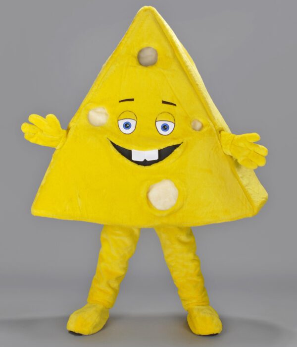 Mascotte de 5 kg et 2 mètres en forme de fromage gruyère jaune avec des trous