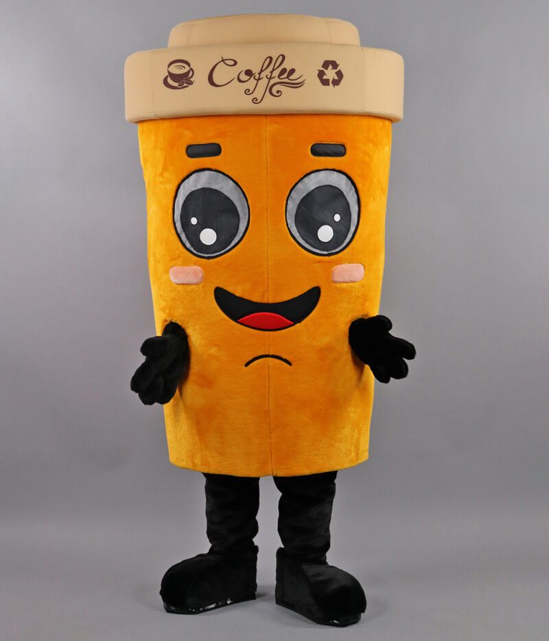 Mascotte orange en forme de gobelet de café souriant de 2 mètres et 9 kilos