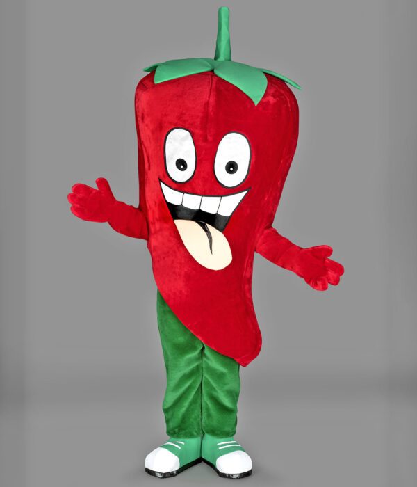 Mascotte de 2 mètres en forme de piment rouge et verte qui sourit