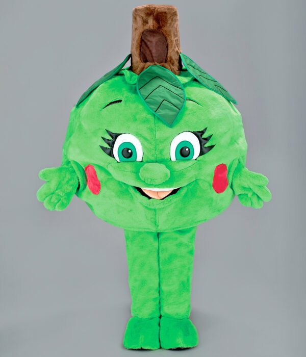 Notre mascotte “Pomme” se distingue par sa forme ronde et sa couleur vive, symbole de fraîcheur et de gourmandise.