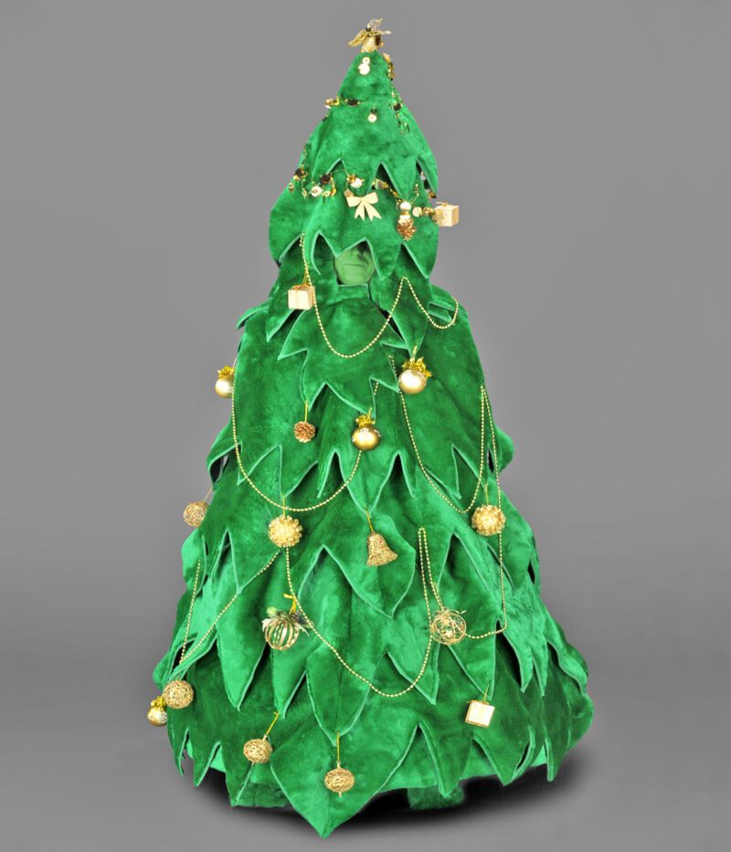 Notre mascotte “Sapin de Noël” se distingue par son allure festive et épurée, décorée simplement de guirlandes et de boules dorées.